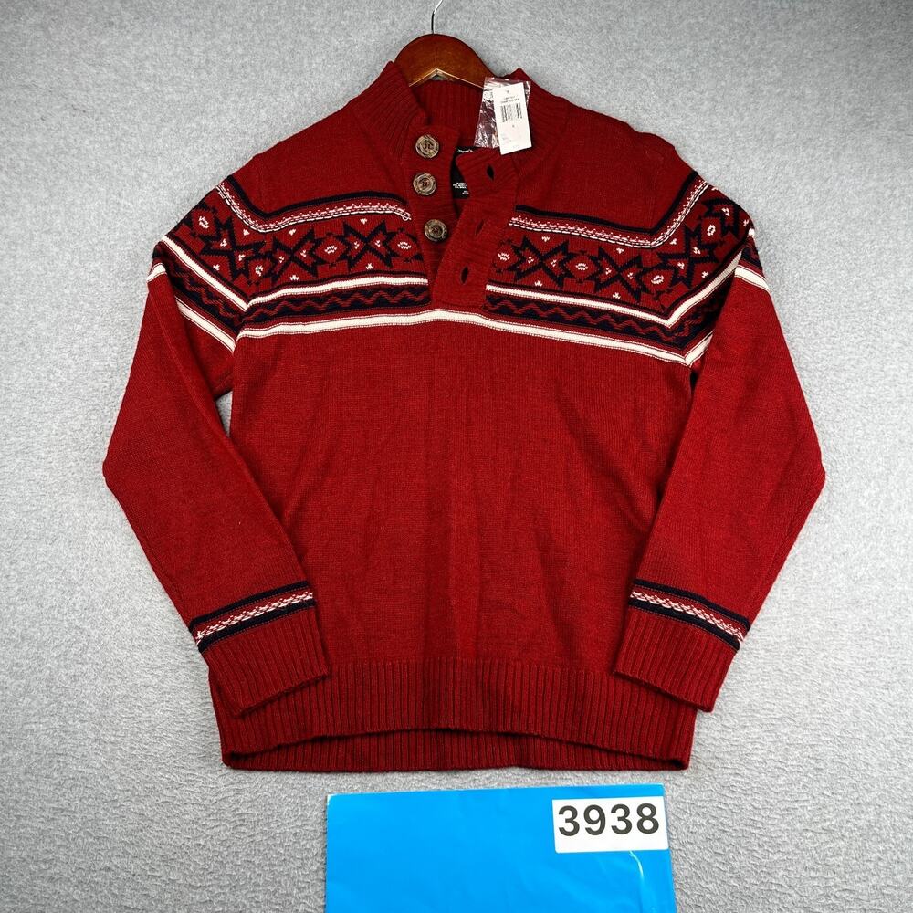 Jeans By Buffalo Knit Sweater Red Christmas Pattern 1/2 Button Mens Small